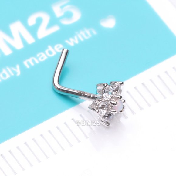 14 Karat White Gold Fire Opal Multi-Gem Sparkle Flower Top L-Shaped Nose Ring - Picture 1 of 5